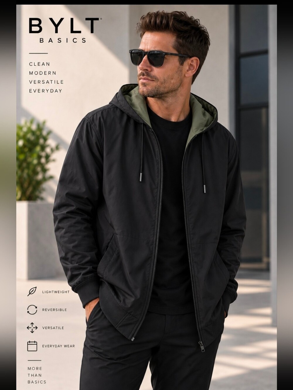 BYLT Basics Men's Reversable Hooded Jacket Black and Olive Green Like New!